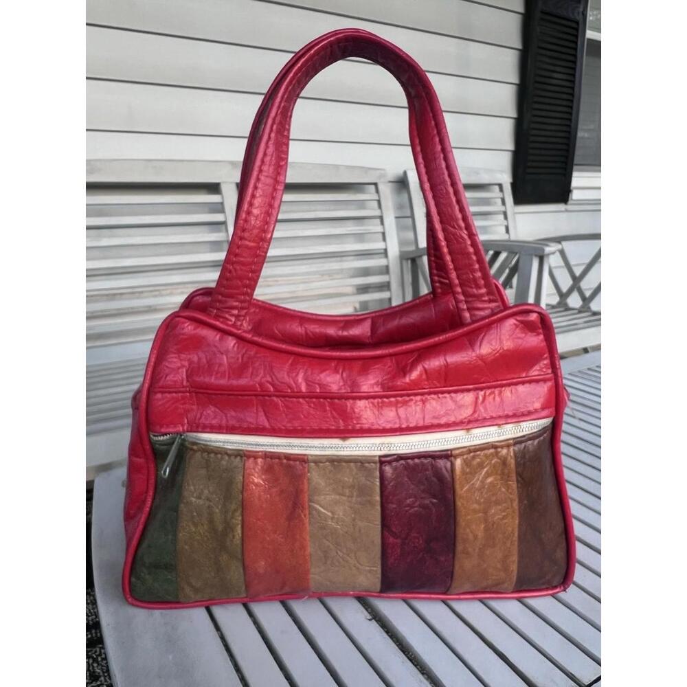 Vintage 60’s Red Mod Vinyl Handbag Multicolored Stripe Medium Size